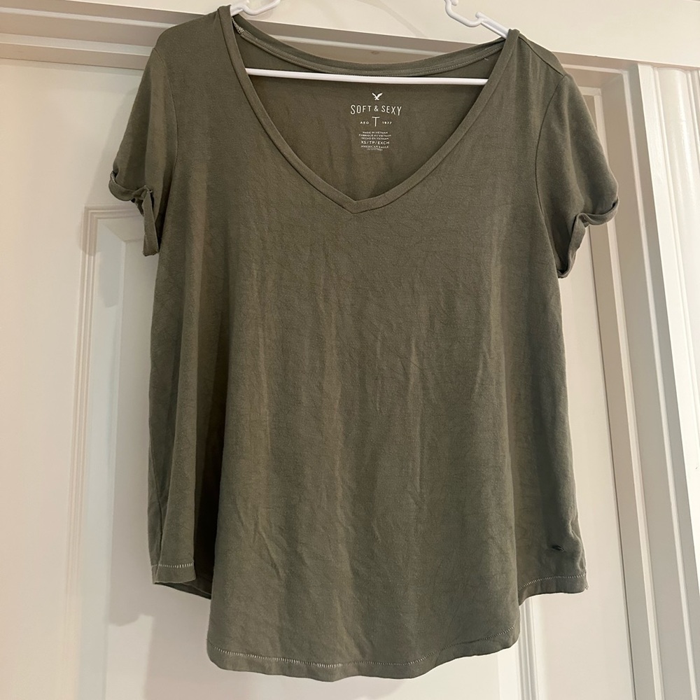 American Eagle Olive Green V-Neck Top
